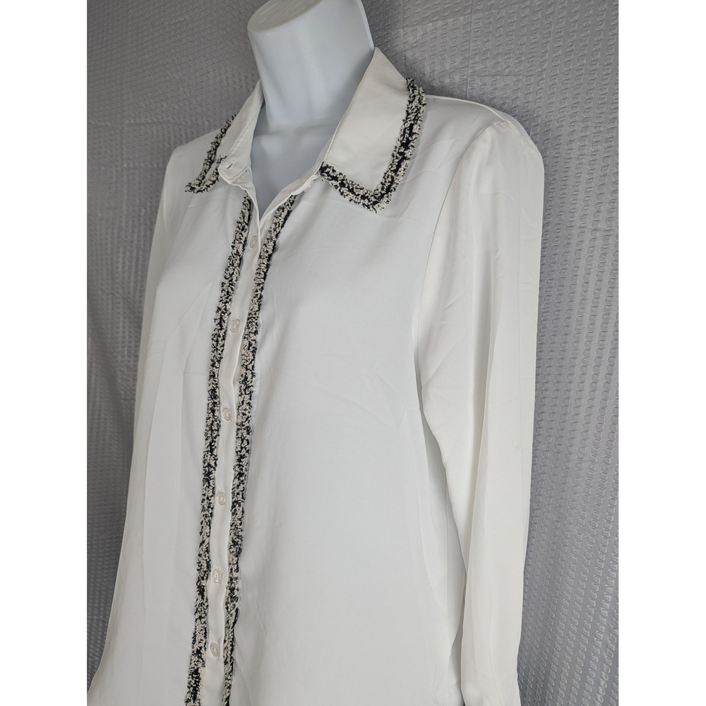 Adrianna Papell Womens Ivory Tweed Trim Button-Up Blouse L/XL Ivory Black Top - Picture 3 of 15